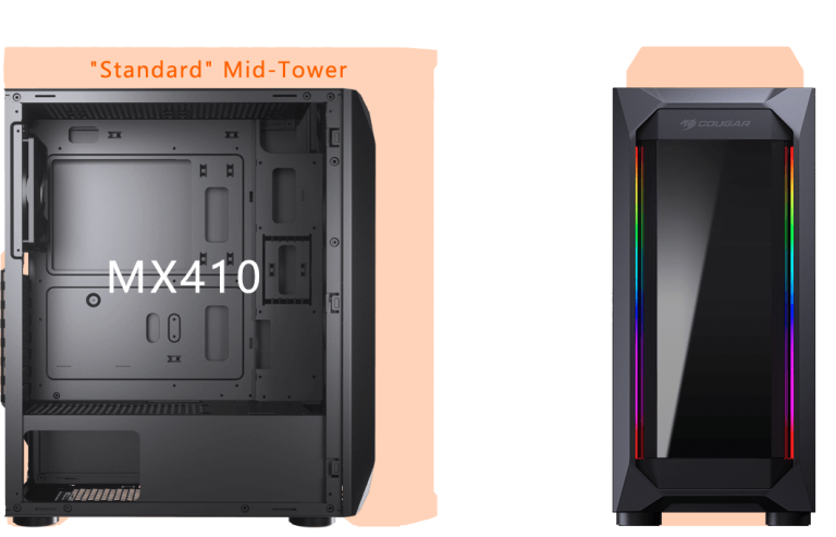 Two MX410 cases with one showing the left side with panel removed and another with illuminated ARGB strips and marked width of 210mm